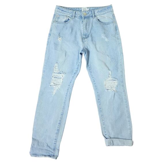Princess Polly Light Wash Rolled Cuff Destroyed Boyfriend Cut Jeans, Size 6 - Picture 1 of 10